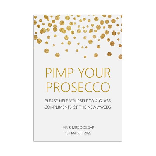  Prosecco Reception Drinks Wedding Sign, Personalised Gold Effect A5, A5 Or A3 by PMPRINTED 