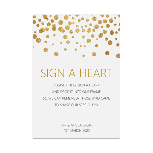  Sign A Heart Wedding Sign, Personalised Gold Effect A5, A5 Or A3 by PMPRINTED 