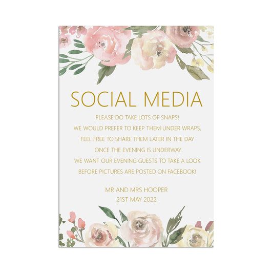  Social Media Photos Wedding Sign, Personalised Blush Floral A5, A4 Or A3 Sign by PMPRINTED 