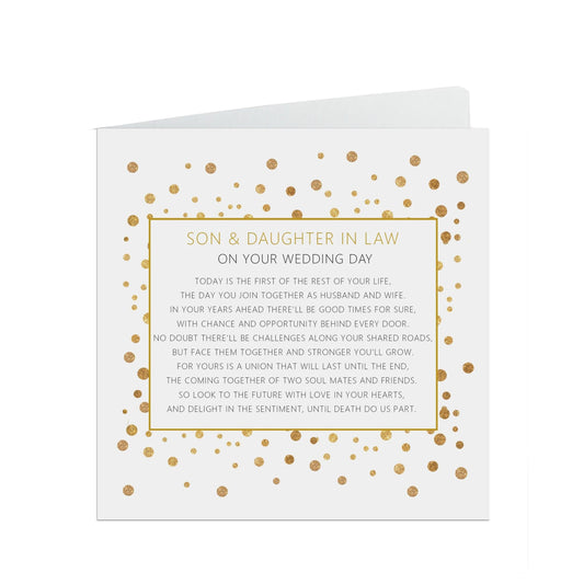  Son & Daughter In Law On Your Wedding Day Card, Gold Effect Confetti 6x6 Inches With A White Envelope by PMPRINTED 
