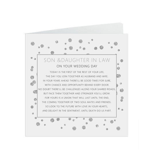  Son & Daughter In Law On Your Wedding Day Card, Silver Effect 6x6 Inches With A White Envelope by PMPRINTED 