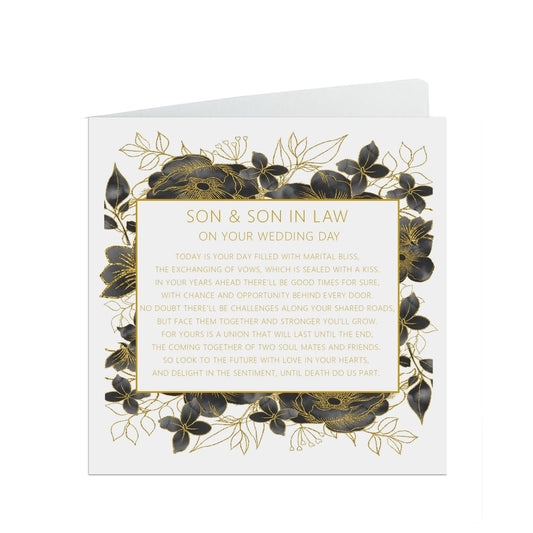  Son & Son In Law On Your Wedding Day Card, Black And Gold Floral 6x6 Inches With A White Envelope by PMPRINTED 