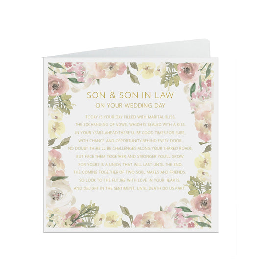  Son & Son In Law On Your Wedding Day Card, Blush Floral 6x6 Inches With A White Envelope by PMPRINTED 