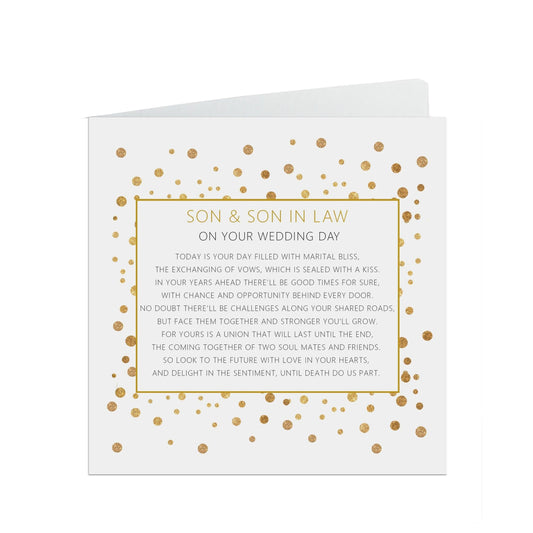  Son & Son In Law On Your Wedding Day Card, Gold Effect Confetti 6x6 Inches With A White Envelope by PMPRINTED 