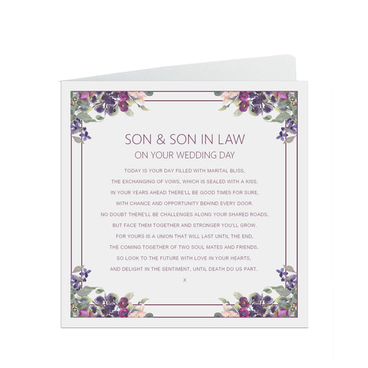  Son & Son In Law On Your Wedding Day Card, Purple Floral Design 6x6 Inches With A Kraft Envelope by PMPRINTED 