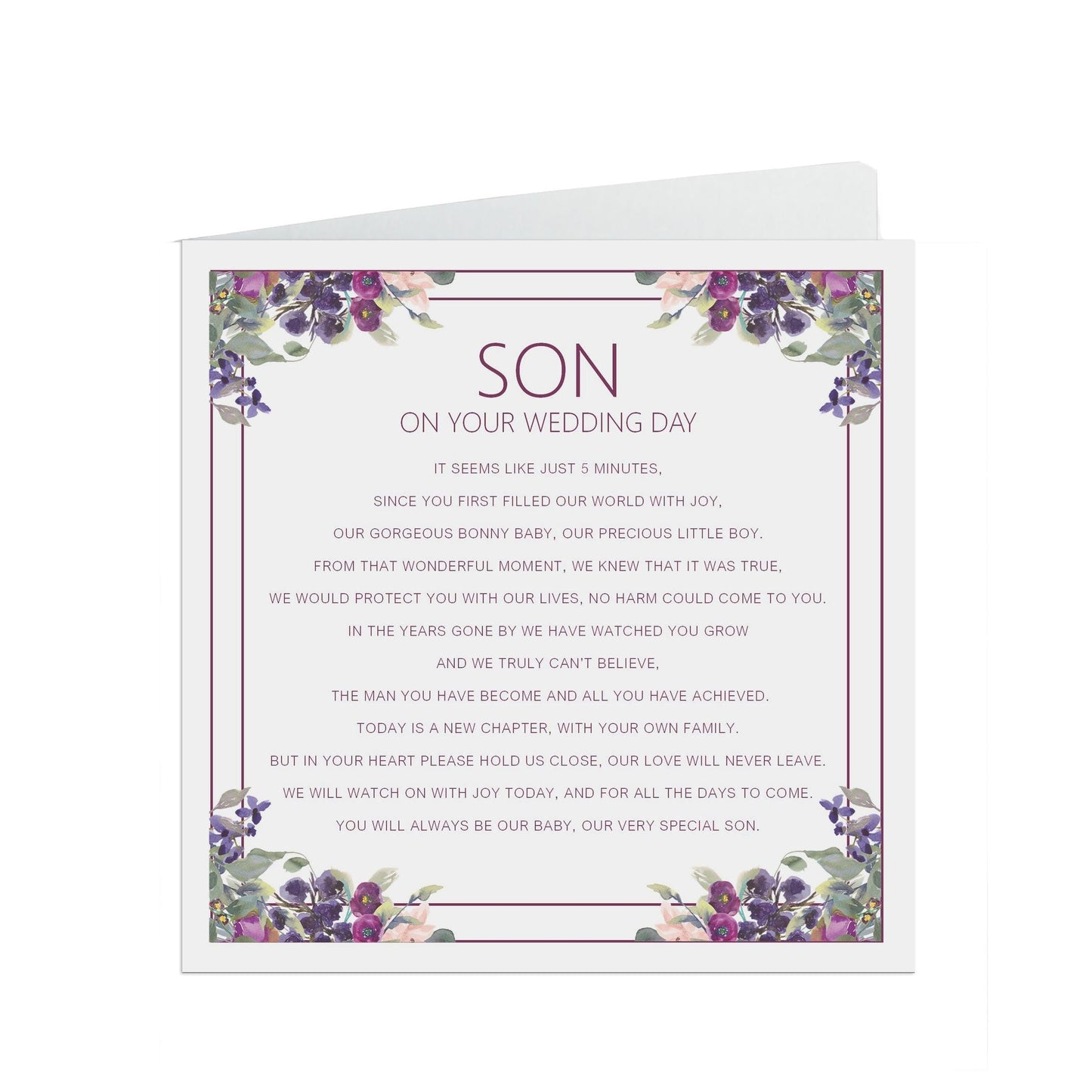  Son On Your Wedding Day Card, Purple Floral Design 6x6 Inches With A Kraft Envelope by PMPRINTED 