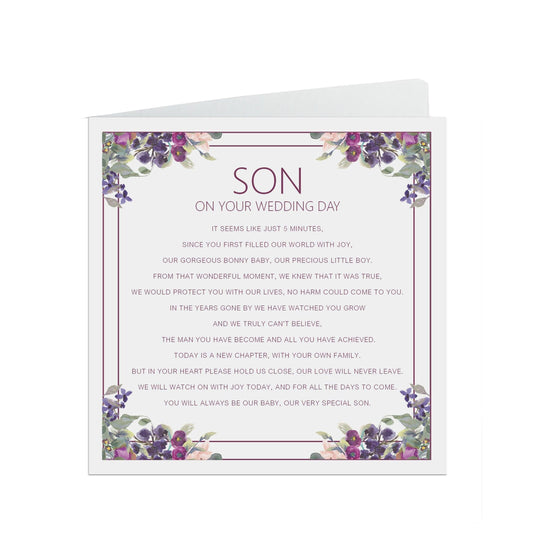  Son On Your Wedding Day Card, Purple Floral Design 6x6 Inches With A Kraft Envelope by PMPRINTED 