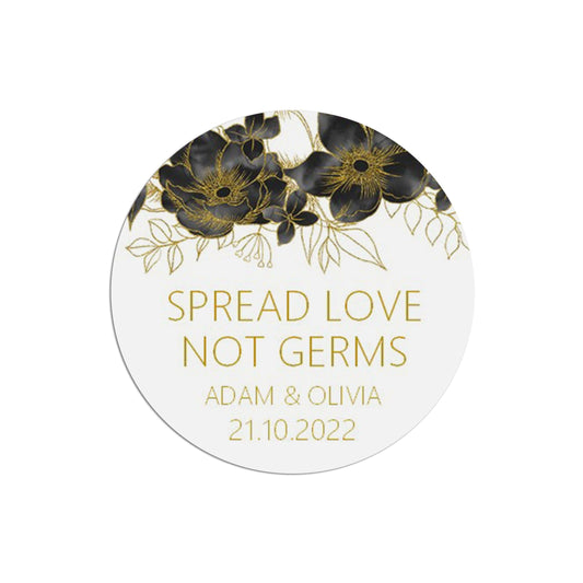 Spread Love Not Germs Black & Gold Stickers 37mm Round x 35 Personalised Stickers Per Sheet by PMPRINTED 