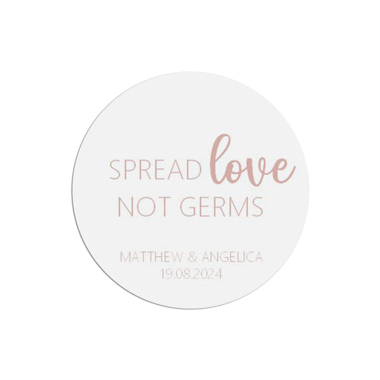  Spread Love Not Germs Wedding Sticker, Rose Gold Effect 37mm Round With Personalisation At The Bottom x 35 Stickers Per Sheet by PMPRINTED 