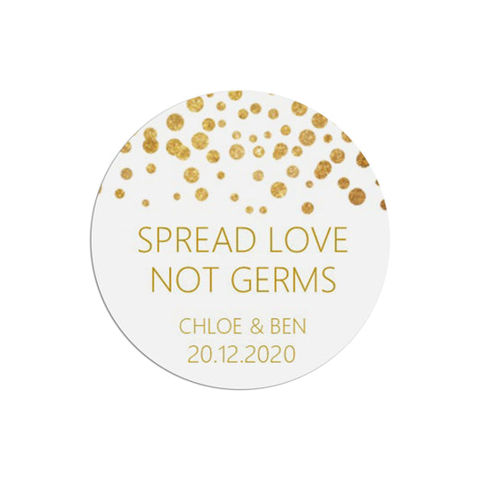  Spread Love Not Germs Wedding Stickers, Gold Effect 37mm Round Personalised x 35 Stickers Per Sheet by PMPRINTED 