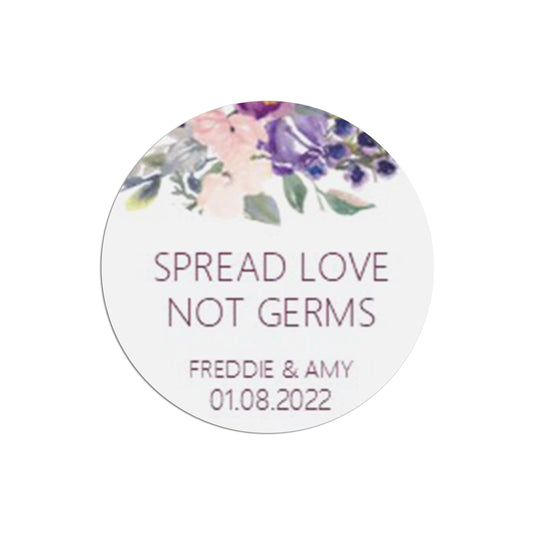  Spread Love Not Germs Wedding Stickers, Purple Floral 37mm Round x 35 Stickers Per Sheet, Personalised At Bottom by PMPRINTED 