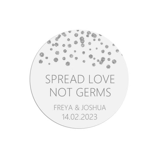  Spread Love Not Germs Wedding Stickers, Silver Effect 37mm Round x 35 Stickers Per Sheet, Personalised At Bottom by PMPRINTED 