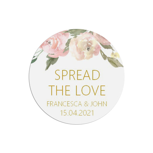  Spread The Love Wedding Sticker Blush Floral 37mm Round With Personalisation At The Bottom x 35 Stickers Per Sheet by PMPRINTED 