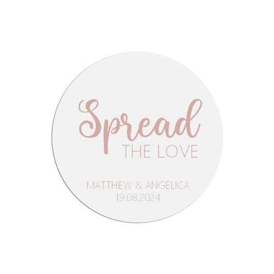  Spread The Love Wedding Sticker, Rose Gold Effect 37mm Round With Personalisation At The Bottom x 35 Stickers Per Sheet by PMPRINTED 