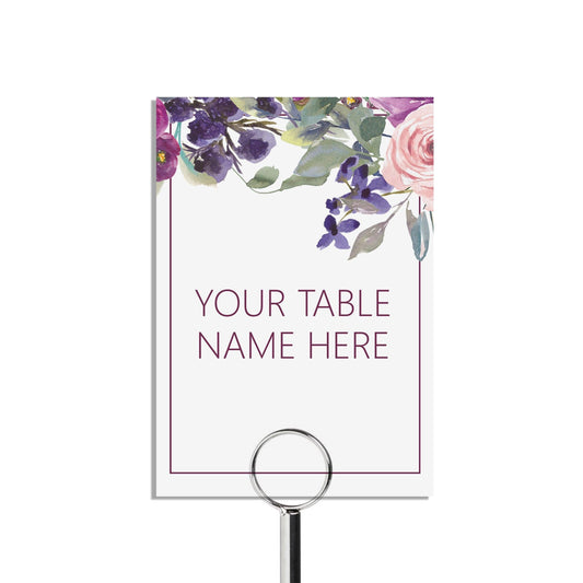  Table Name Cards, Purple Floral Custom Wording, 5x7 Inches by PMPRINTED 