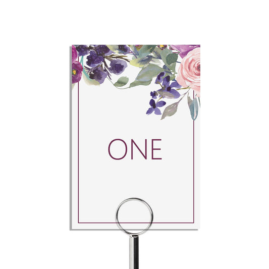  Table Number Cards, Purple Floral For Wedding Reception, Numbers 1-15 Plus Top Table 5x7 Inches by PMPRINTED 