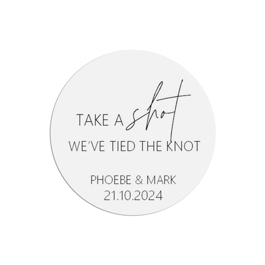  Take A Shot Wedding Sticker, Black & White 37mm Round With Personalisation At The Bottom x 35 Stickers Per Sheet by PMPRINTED 