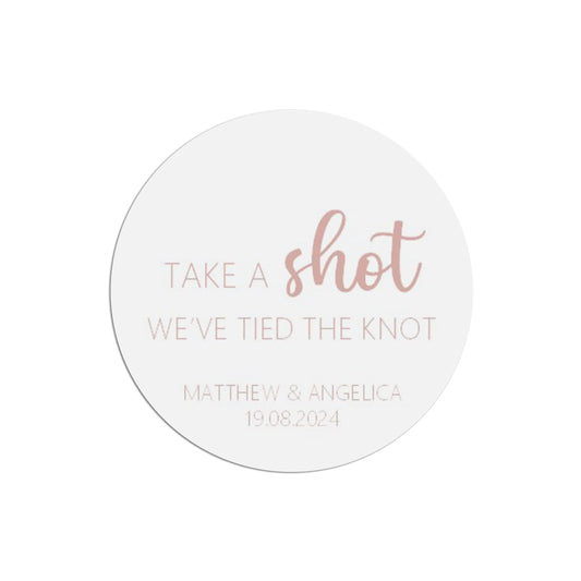  Take A Shot Wedding Sticker, Rose Gold Effect 37mm Round With Personalisation At The Bottom x 35 Stickers Per Sheet by PMPRINTED 