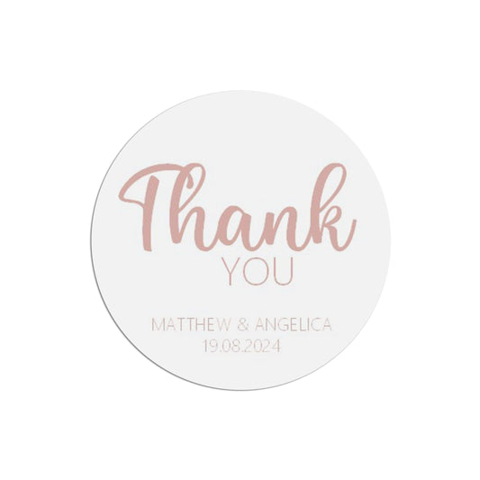  Thank You Wedding Stickers, Rose Gold Effect 37mm Round With Personalisation At The Bottom x 35 Stickers Per Sheet by PMPRINTED 