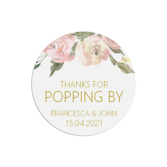  Thanks For Popping By Wedding Stickers Blush Floral 37mm Round With Personalisation At The Bottom x 35 Stickers Per Sheet by PMPRINTED 
