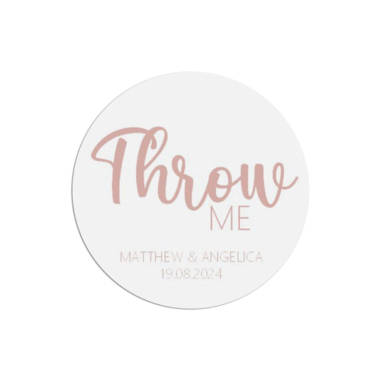  Throw Me Wedding Sticker, Rose Gold Effect 37mm Round With Personalisation At The Bottom x 35 Stickers Per Sheet by PMPRINTED 