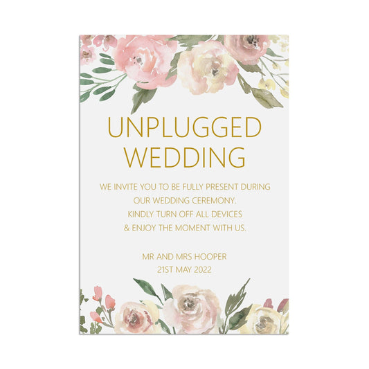 Unplugged Ceremony Wedding Sign, Personalised Blush Floral A5, A4 Or A3 Sign by PMPRINTED 