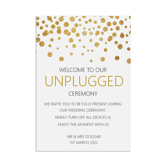  Unplugged Ceremony Wedding Sign, Personalised Gold Effect A5, A5 Or A3 by PMPRINTED 