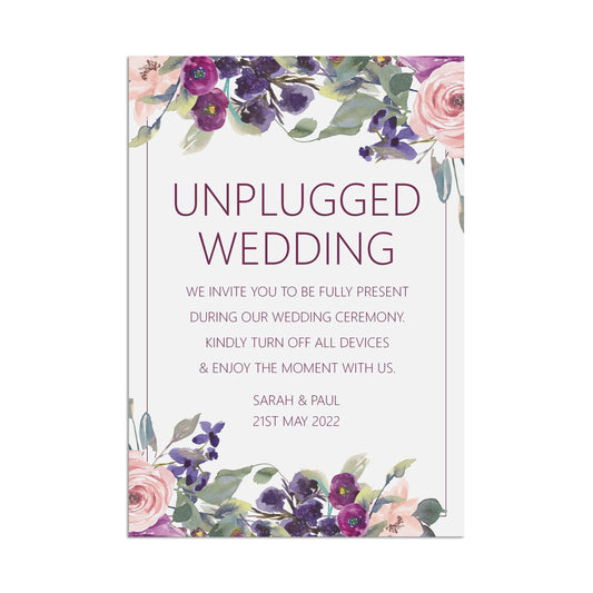  Unplugged Wedding Ceremony Sign Purple Floral Personalised A5, A4 Or A3 by PMPRINTED 