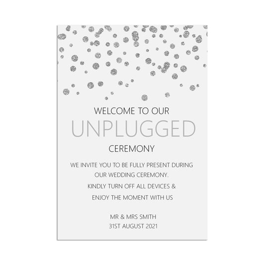  Unplugged Wedding Ceremony Sign, Silver Effect Personalised & Printed A5, A4 Or A3 by PMPRINTED 