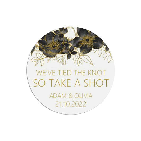  We've Tied The Knot, Take A Shot Black & Gold Stickers 37mm Round x 35 Personalised Stickers Per Sheet by PMPRINTED 