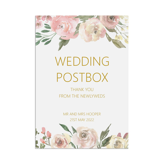  Wedding Post Box Sign, Personalised Blush Floral A5, A4 Or A3 Sign by PMPRINTED 