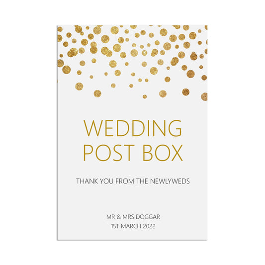  Wedding Post Box Sign, Personalised Gold Effect A5, A5 Or A3 by PMPRINTED 
