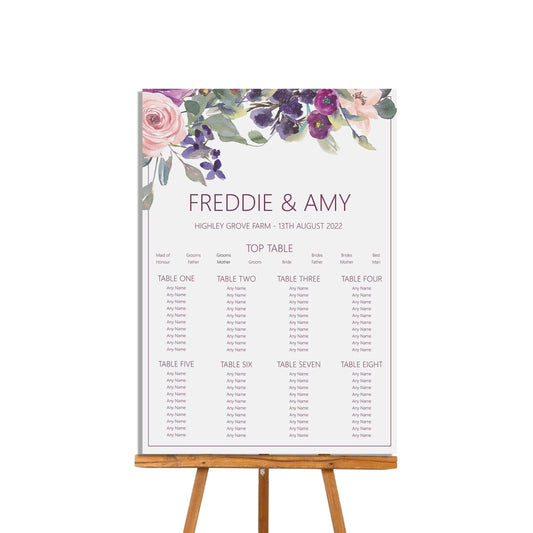  Purple Floral Wedding Table Plan Seating Chart - A2 Or A1 by PMPRINTED 