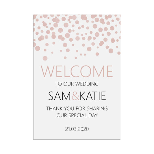  Welcome Wedding Sign, Blush Confetti Personalised A5, A4, Or A3 by PMPRINTED 
