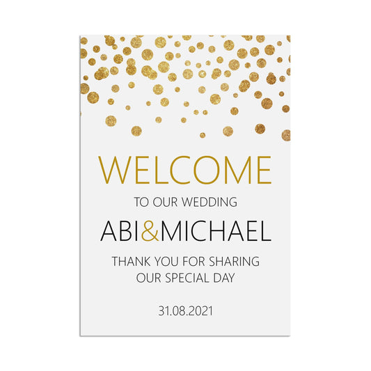  Welcome Wedding Sign, Personalised Gold Effect A5, A5 Or A3 by PMPRINTED 