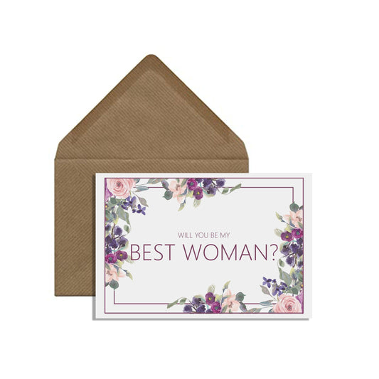  Will You Be My Best Woman? Proposal Card, A6 Purple Floral With A Kraft Envelope by PMPRINTED 