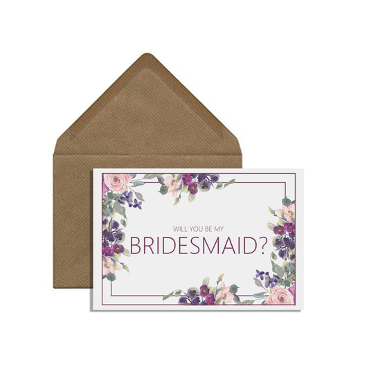  Will You Be My Bridesmaid? Proposal Card, A6 Purple Floral With A Kraft Envelope by PMPRINTED 