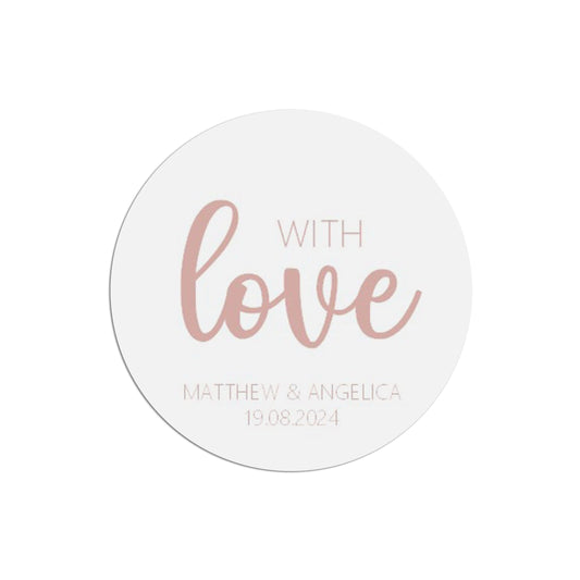  With Love Wedding Sticker, Rose Gold Effect 37mm Round With Personalisation At The Bottom x 35 Stickers Per Sheet by PMPRINTED 