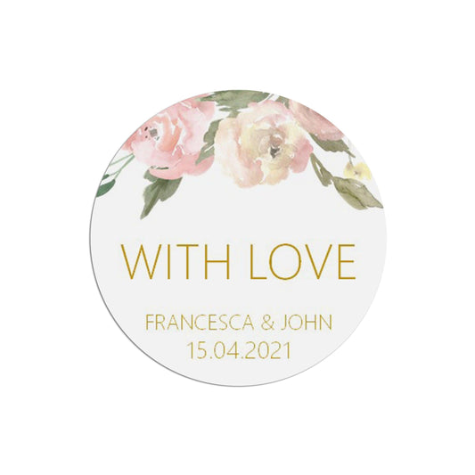  With Love Wedding Stickers Blush Floral 37mm Round With Personalisation At The Bottom x 35 Stickers Per Sheet by PMPRINTED 